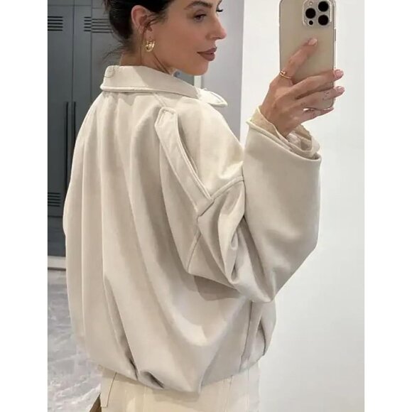 Women's Faux Suede Bomber Jacket Oversized Long Sleeve Zip Up Cropped Beige - Picture 6 of 6